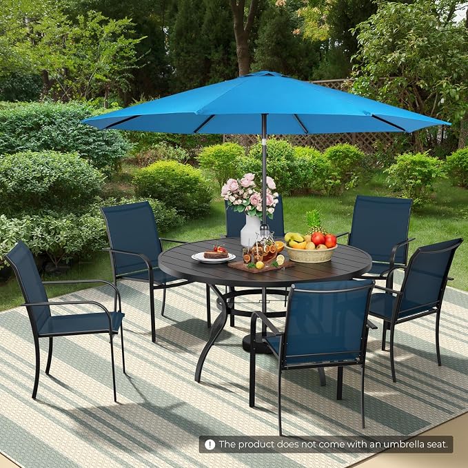 Incbruce 8 PCS Patio Dining Set with Sky Blue Umbrella, Outdoor Dining Set of 6 Textilene Chairs and 53" Round Table with Umbrella Hole for Backyard, Garden, and Poolside (Blue)