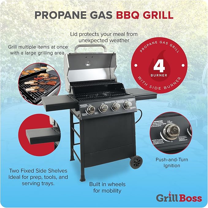 Grill Boss 4-Burner Outdoor Propane Gas Grill with Side Shelves, Stainless Steel Lid, Push Ignition, Warming Rack, Wheels, Black