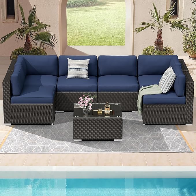 7 Pieces Outdoor Patio Furniture Set, Black Brown Wicker Patio Sectional Sofa Set, Outdoor Couch with Cushion and Tempered Glass Table, Dark Blue