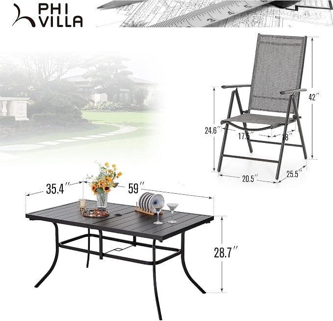 PHI VILLA Outdoor Patio Dining Set with Umbrella for 6, Folding Chairs | Light-weight & portable, Breathable & quick-drying textilene fabric, Weather-resiatant, 13Ft beige umbrella without base