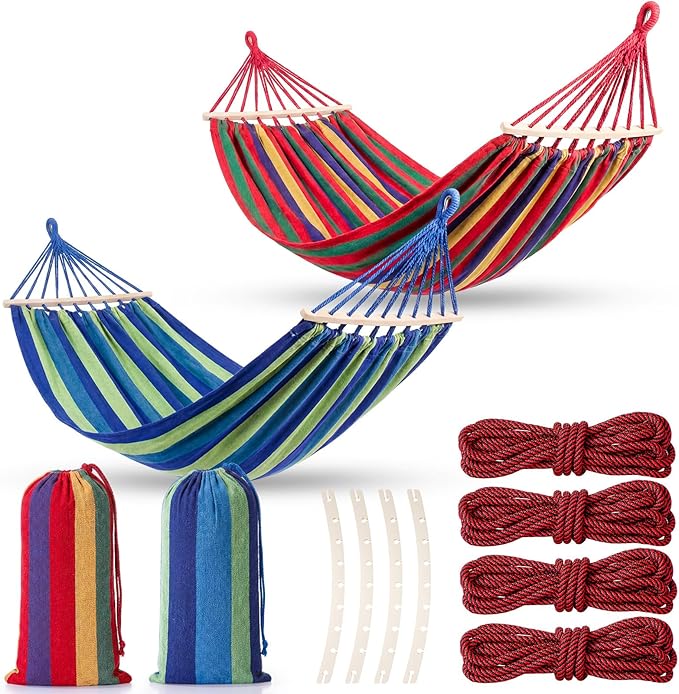 SATINIOR 2 Pack Canvas Portable Camping Hammocks for Outside, 660lb, Large 305 x 150 cm Metal Knot Hanging Hammock with 2 Carrying Bag 4 Tree Strap 4 Anti Roll Balance Beam for Patio Backyard Outdoor