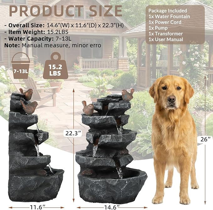 22.3" Tall Outdoor Rock Waterfall Fountain, 5-Tier Cascading Garden Water Feature with Bird Decor & LED Lights, Natural Stone Resin Fountain with Filter Cotton for Patio, Yard, Porch & Indoor