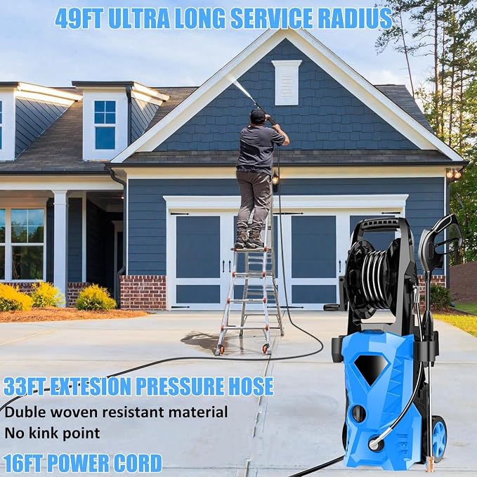 5000PSI Electric Pressure Washer 2026 2.8GPM High Power Washer with 33ft Hose Reel,4 Nozzle,and Soap Bottle for Cars/Home/Driveways/Patios/Fences,Blue