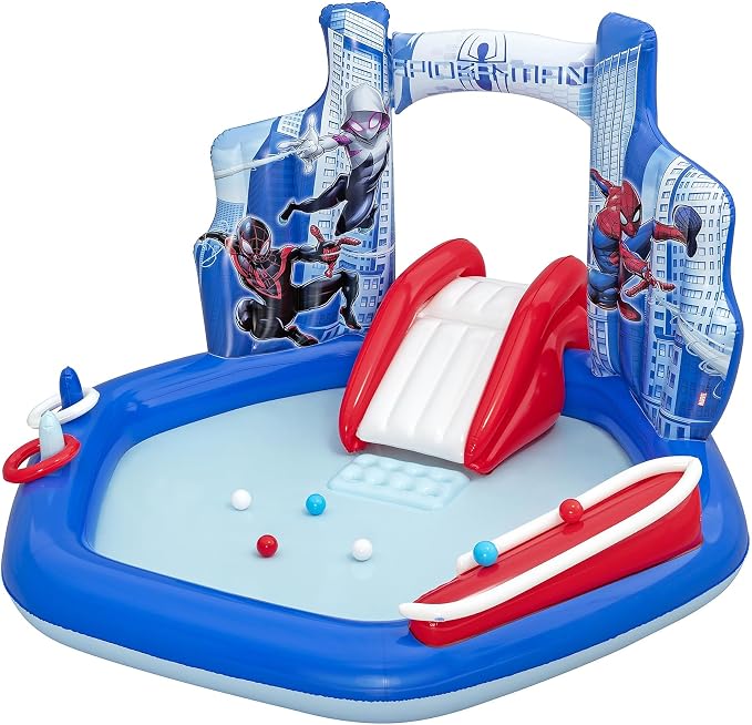 Marvel Spider-Man Inflatable Water Play Center, 6'11" x 6'9" x 50" Kids Outdoor Activity Center with Water Archway & Slide, Game, & Splash Pool