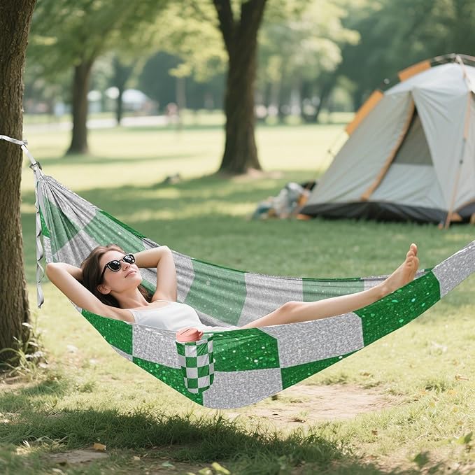 Fake Glitter Checkerboard Squares White Green 330lb Capacity Outdoor Hammock with Tree Straps Rope Hammock for Outside Patio Backyard Poolside hamaca para adultos