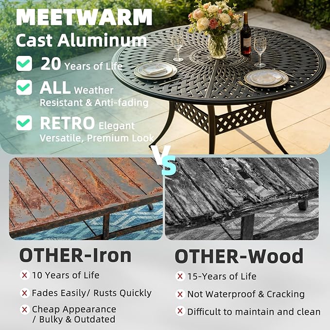 MEETWARM Outdoor 61" Large Patio Round Dining Table for 6-8 Person, All Weather Cast Aluminum Patio Dining Table with 24" Lazy Susan Turntable, Umbrella Hole for Balcony, Porch and Deck