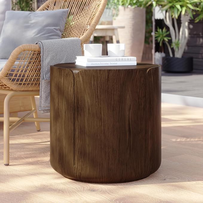 19.29" H Round Outdoor Indoor Side Table, Modern Wood Grain Patio Garden Stool, Sturdy MGO Waterproof, No-Assembly Table for Patio, Garden, Backyard, Living Room