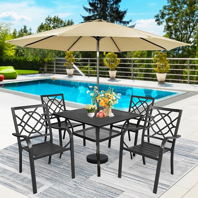 SUNCROWN 6-Piece Outdoor Wrought Iron Chairs and Table Patio Dining Furniture Set - 4 Stackable Metal Chairs, 1 Steel Slat Bistro Table and 1 Brown 9Ft Patio Umbrella for Garden Backyard Deck