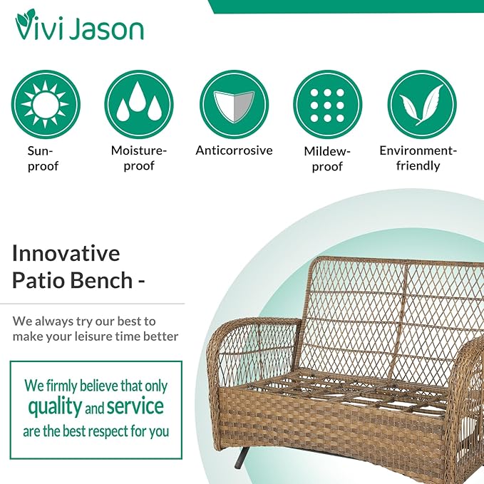 VIVIJASON 2-Piece Patio Wicker Loveseat Glider Set, Outdoor Conversation Furniture Set with 2-Seater Rattan Glider Rocking Bench and Glass-Top Coffee Table for Porch Garden Backyard, Navy Blue