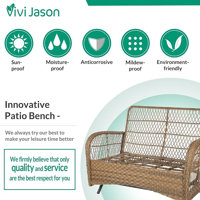 VIVIJASON 2-Piece Patio Wicker Loveseat Glider Set, Outdoor Conversation Furniture Set with 2-Seater Rattan Glider Rocking Bench and Glass-Top Coffee Table for Porch Garden Backyard, Navy Blue