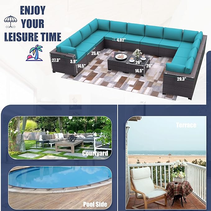 Patio Furniture Set 14-Piece Outdoor Furniture for Backyard Wicker Sectional Sofa Set, PE Rattan Patio Conversation Set 12 Seat with 4 Inch Thickened Cushions and Glass Coffee Tables, Blue