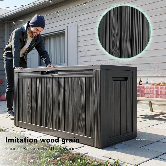 PatioZen 80 Gallon Outdoor Deck Box,Waterproof Resin Outdoor Storage Boxes, Outside Storage Lockable Container for Garden Tools,Indooor Cushions,Accessories (Black)