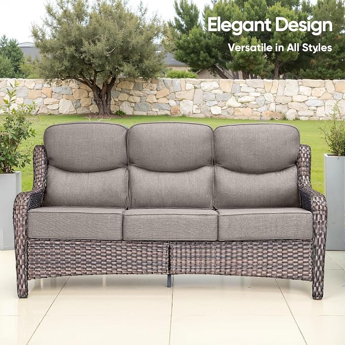 Luxury Patio Furniture Set 7pcs with 6-inch Cushion, Outdoor Furniture with Coffee Table, Swivel Chairs, Sofa, Side Table, Ottomans, Patio Set for Deck Yard and Poolside Grey Wicker | Grey Cushions