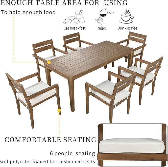 7 Piece Patio Dining Set, 70.9" Rectangular Acacia Wood Outdoor Dining Table & 6 Dining Arm Chairs with Cushion, Suitable for Outdoors and Indoors (Burly Wood@015)