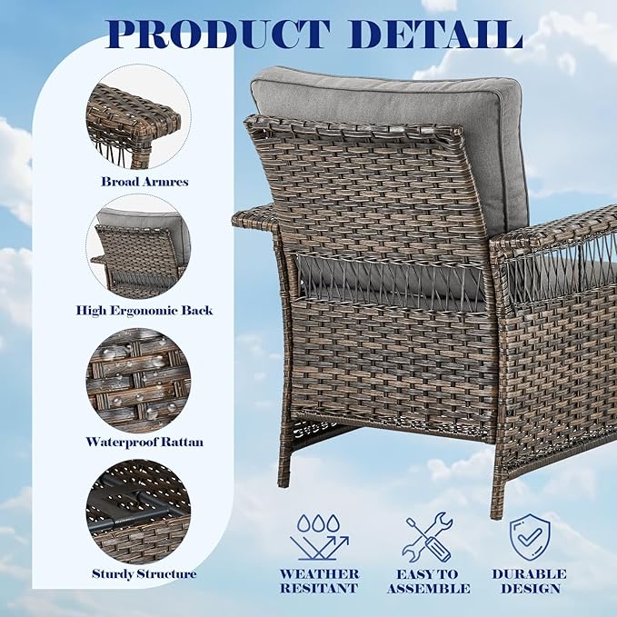 Outdoor Wicker Patio Furniture Set - 6 Piece Rattan Patio Conversation Sets with 2 Armrest Chairs,2 Ottomans,1 Sofa and 1 Coffee Table for Porch Deck Garden(Brown/Grey)