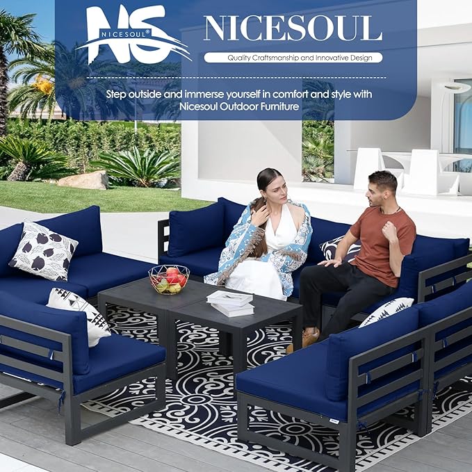 NICESOUL 10 Piece Oversized Modern Aluminum Patio Furniture Set, All Weather Rust Resistant Modular Sectional Sofa with Side Table, 500 lbs Heavy Duty Comfortable Outdoor Couch for Backyard, Navy Blue