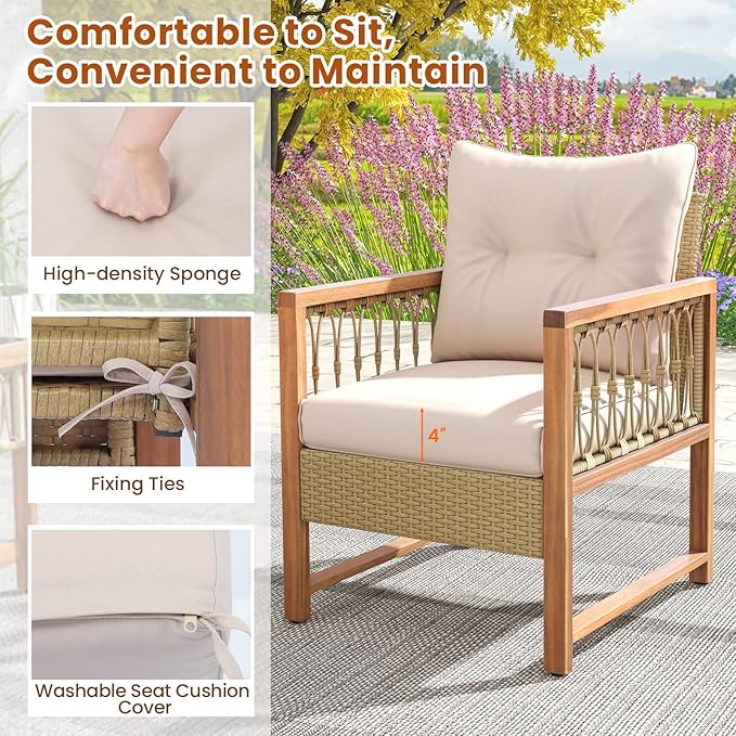 Tangkula 4 Pieces Patio Furniture Set, Outdoor PE Wicker Conversation Bistro Set with Acacia Wood Frame, Cushions and Tempered Glass Coffee Table for Porch, Balcony, Deck and Backyard (Beige)
