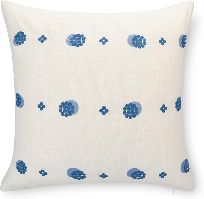 California Casual Coastal Indoor Outdoor Throw Pillow Cover, 20"x20" Water Repellent for Patio, Backyard, Couch, Poolside, Blue Ivory Cream Embroidered Striped Dots