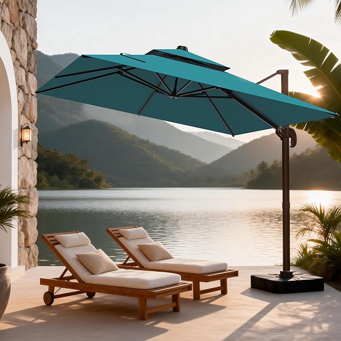 10x10Ft Patio Umbrella Outdoor Cantilever Rectangle Umbrella, 6-Level Tilt & 360° Rotation Offset Umbrella for Garden, Deck, Pool(Turquoise)