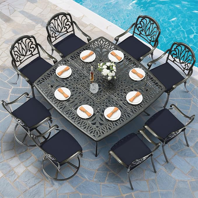 MEETWARM 9-Piece Outdoor Patio Dining Set for 8, All Weather Cast Aluminum Patio Funiture Table and Chairs Set- 64" Square Table and 2 Swivel Rocker Chairs, 6 Stationary, Umbrella Hole, Navy Blue