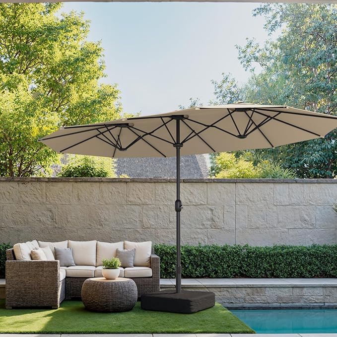 15ft Large Outdoor Patio Umbrella, Double Sided Table Umbrella with Crank, 12 Steel Ribs Market Umbrella