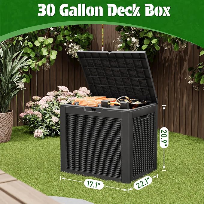 Bifanuo Outdoor Storage Box, 30 Gallon Deck Boxes Waterproof, Resin Storage Cabinet Multi Functional Storage Bench For Gardening Tools, Pool Supplies, Patio Furniture, Lockable