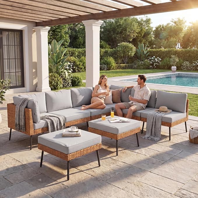 Aoxun 8-Piece Patio Furniture Set, Wicker Outdoor Furniture with Water Resistant Thick Cushions, Patio Conversation Set Outdoor Sectional Sofa with Coffee Table for Backyard Poolside, Light Grey