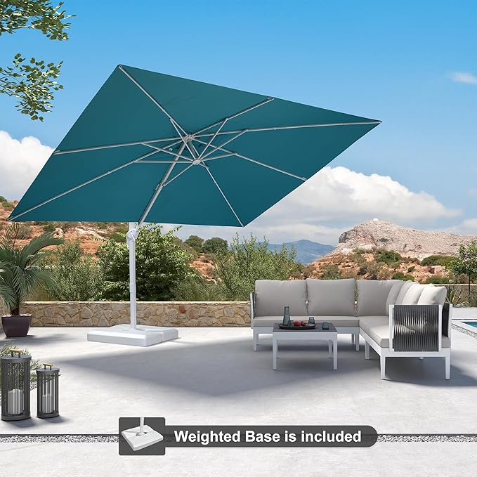 PURPLE LEAF 9' × 11.5' Patio Umbrella With Base White Cantilever Umbrella Square Outdoor Offset Windproof with 360° Rotation for Garden Deck Pool, Turquoise