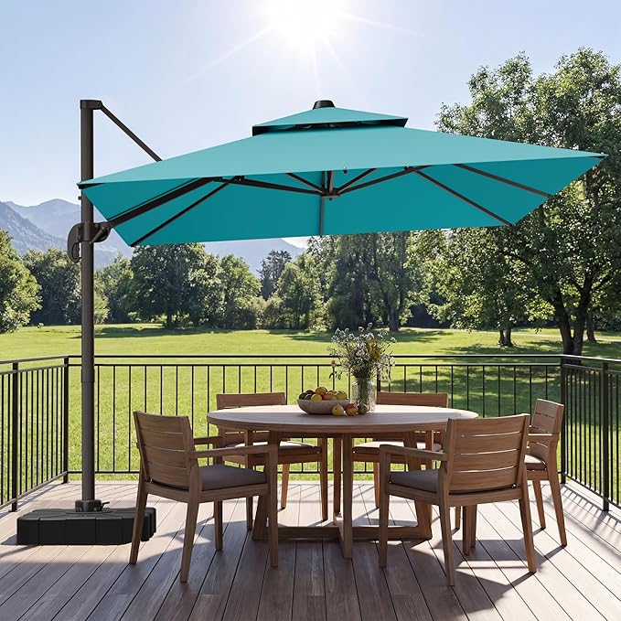 GENTEACO 10X10 FT Cantilever Umbrella, Large Offset Patio Umbrella with Double Top, 6 Angle Tilts & 360° Rotation, Large Square Sun Umbrellas for Outdoor Patio Pool Deck Market, Turquoise Blue