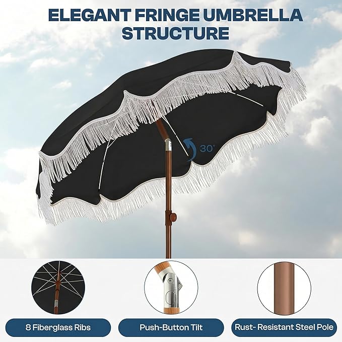 7ft Patio Umbrella with Fringe, Boho Beach Umbrellas, Outdoor Tassels Umbrellas with Push Button Tilt & Carrying Bag, 8 Windproof Fiberglass Ribs, UPF50+