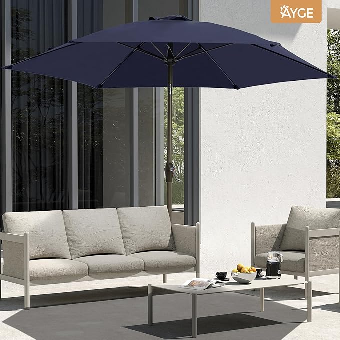 Ayge 7.5FT Large Outdoor Patio Umbrella Market Table Umbrella-UV Resistant, Easy Push Button Tilt and Crank, 6 Sturdy Fiberglass Ribs Heavy-Duty Pool Umbrella for Deck, Backyard,Garden, Yard,Navy