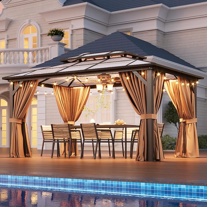 Aoxun 10'x14' Hardtop Gazebo, Outdoor Metal Gazebo with Double Polycarbonate Roof Canopy, Permanent Pavilion with Netting and Curtains for Lawn, Garden, Patio (Khaki)