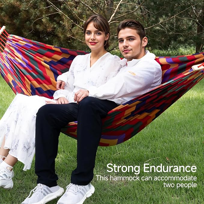 Double Hammock 9.5FT Extra Large Hammock with Carrying Bag - 2 Persons Hammock Portable Hanging Camping Bed for Patio, Backyard, Porch, Outdoor and Indoor Use - Soft Cotton, 290x145cm