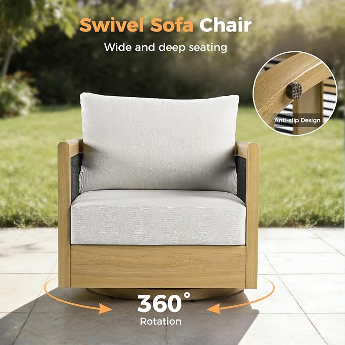 HAPPATIO Aluminum Patio Furniture Set, 4 Pieces Wood-Like Oversized 3-Seat Sofa Conversation Set with Thick Cushion, Swivel Chairs with Curved Tub Design and Woven Rope Accents for Garden, Yard, Pool