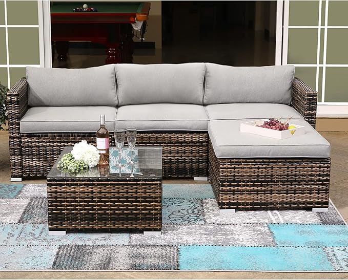 COSIEST 5-Piece Outdoor Furniture All-Weather Mottlewood Brown Wicker Sectional Sofa w Warm Gray Thick Cushions, Glass-Top Coffee Table, Patio