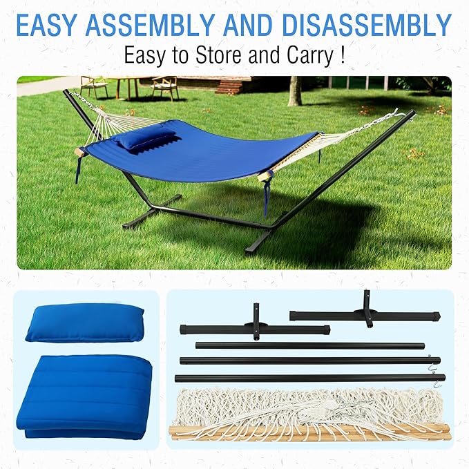 MUPATER 12FT Double Hammock with Stand Included, 2 Person Hammock, Outdoor Quilted Hammock with Stand, Rope Hammock with Pad and Pillow, hamacas para adultos, Dark Blue
