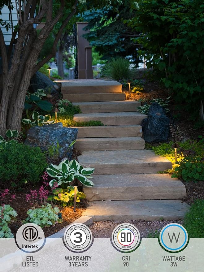 LEONLITE LED Low Voltage Landscape Path Light, 3W 12-24V AC/DC, Pathway Lighting Wired, Outdoor Light for Yard Lawn, ETL CRI90+ Unique Vintage Golden Texture, Aluminum, 3000K Warm White, Pack of 4