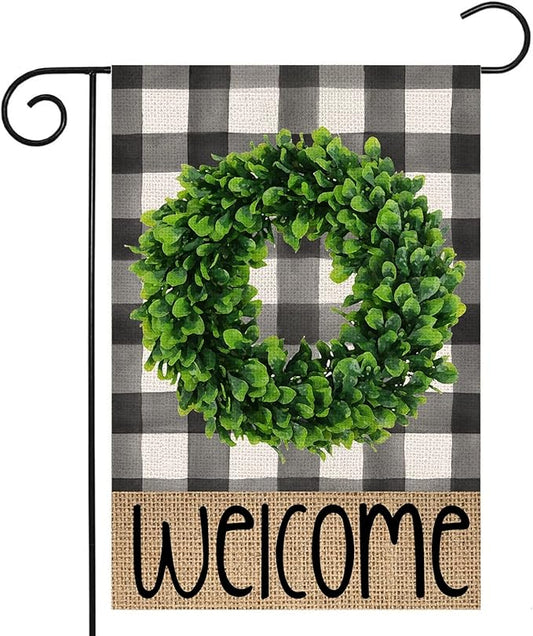 Welcome Summer Garden Flag for Outside,Buffalo Plaid Boxwood Wreath Small Yard Flag, Spring Seasonal Decors for Outdoor Farmhouse Holiday 12x18 Double Sided