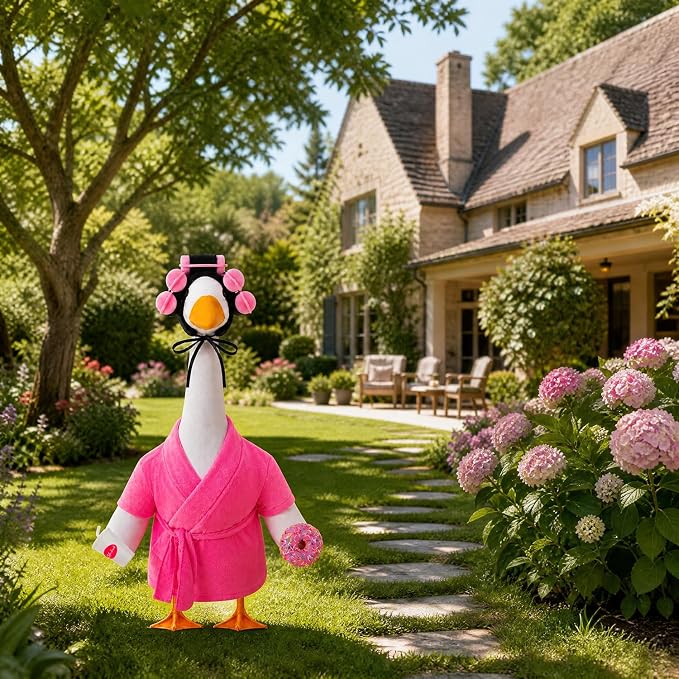 Lady Porch Goose Bathrobe Outfits Fits 23" Concrete Goose Statue | Funny Winter Porch Goose Outfit Old Lady Geese Costume with Curlers Coffee Cup for Outdoor Yard Garden Patio Decor(Fuchsia)