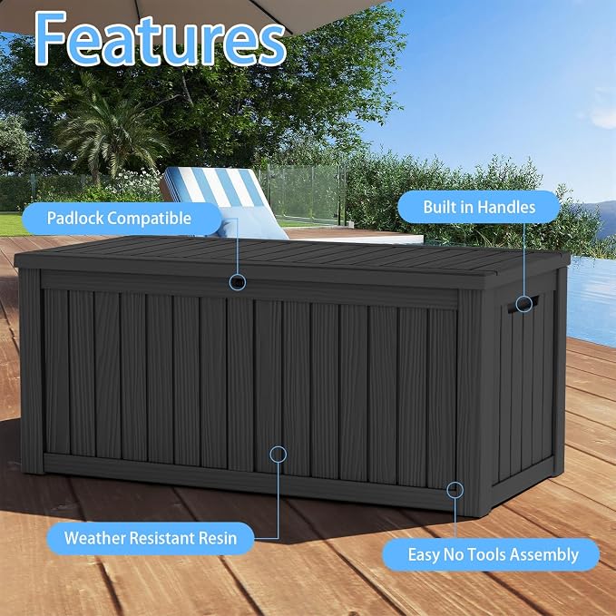 Pepe Tee 120 Gallon Waterproof Resin Deck Box, Outdoor Storage Bin for Patio Furniture Cushions, All-Weather Garden Organizer & Seating Bench, Black