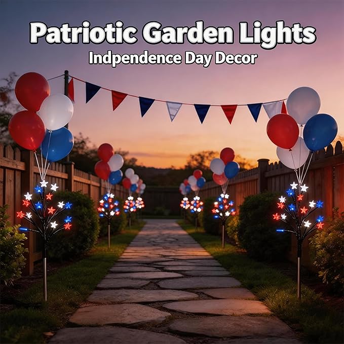 4th of July Decorations Outdoor, 5 Pack Solar Star Lights Red White Blue, 29.5IN 22.3FT 75 LED Patriotic Pathway Lights, 8 Modes Auto On/Off IP65 Waterproof Yard