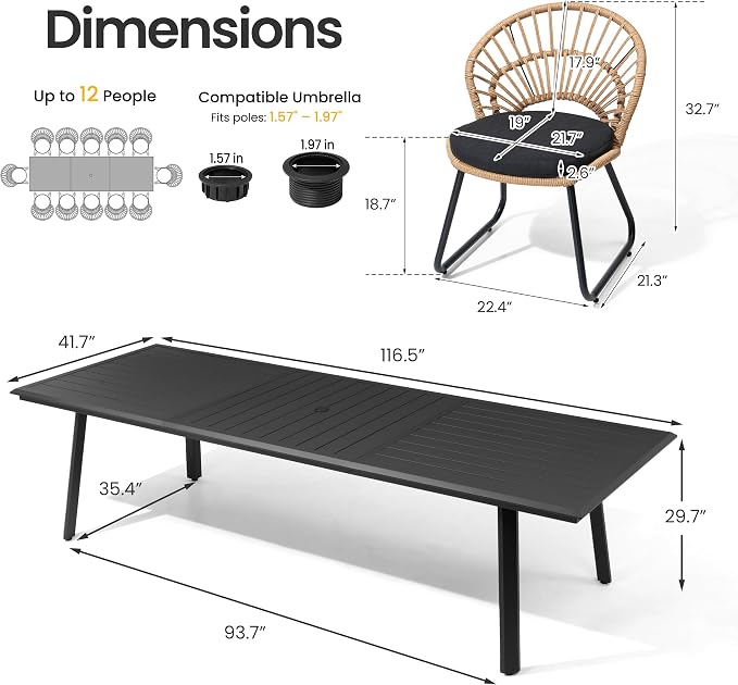 13 Piece Aluminum Outdoor Dining Set with Rattan Patio Chairs | 116" Large Rectangle Table with Umbrella Hole, 12 Shell Shaped Side Chairs with Black Cushions for Backyard Garden Deck