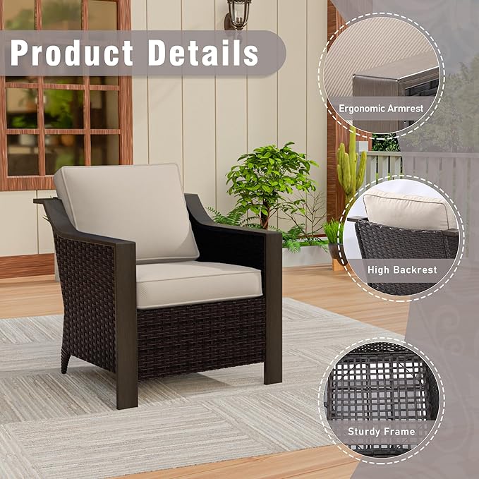 Outdoor Wicker Chair Set of 2, All-Weather Use Patio Rattan Chair with Removable Water-Resistant Cushion, Ideal for Porch, Backyard, Balcony, Poolside, Beige