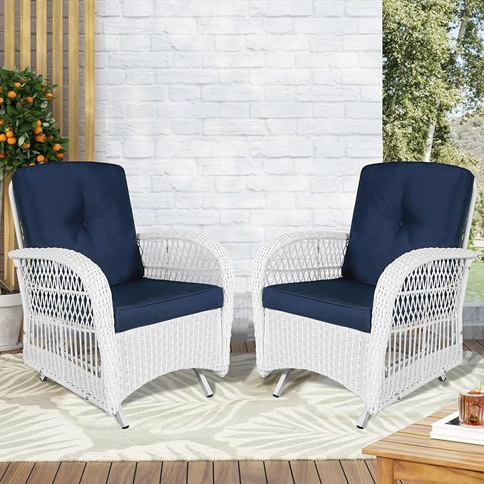 VIVIJASON 2-Piece Outdoor White Wicker Glider Rocking Chair, Patio Rattan Swing Glider Chairs with Cushions & Steel Frame, All-Weather Gliding Lawn Wicker Furniture for Garden Backyard, Navy Blue