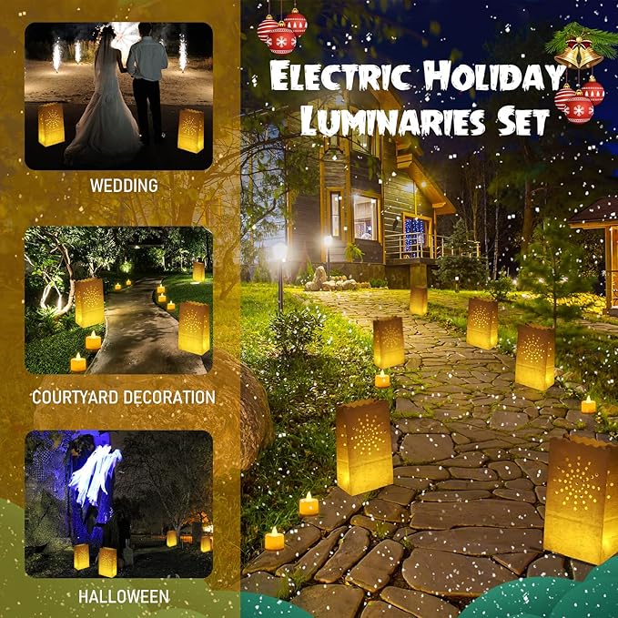 Sabary 50 Sets Luminary Bags with Flameless Tea Lights Outdoor Luminaries LED Lantern Candle Bags for Wedding Birthday Ramadan Christmas Party Decorations Romantic Decor(Sun)