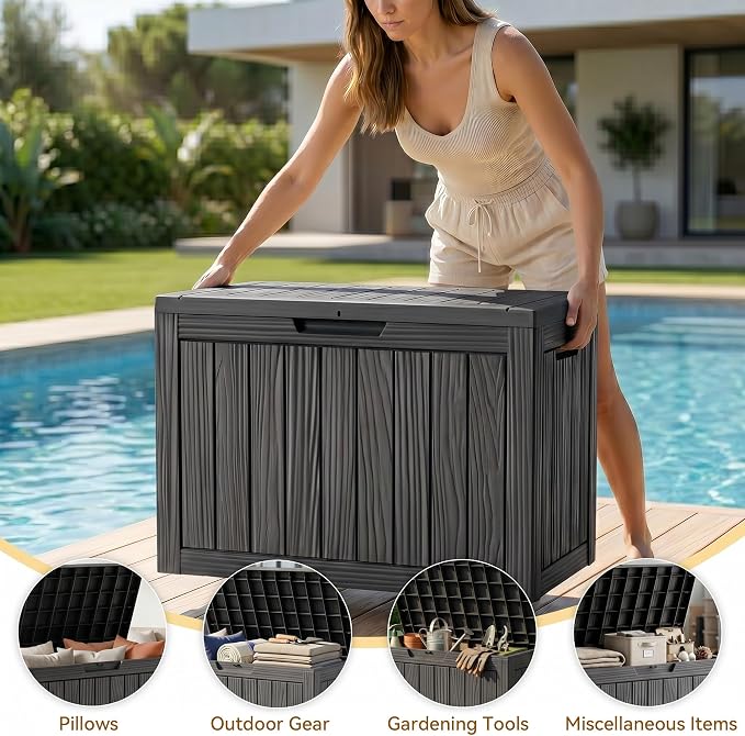 50 Gallon Deck Box for Outdoor and Indoor Use, Outdoor Storage Box for Picnic Supplies, Gardening Tools Waterproof, Lockable and Easy to Install Black