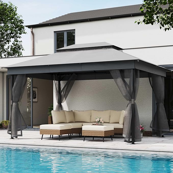 LAUSAINT HOME Patio Gazebo 10'x13', Outdoor Heavy Duty Party Tent Shelter with Double Roofs, Mosquito Nettings for Backyard, Garden, Lawn, Gray