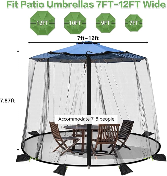 Patio Mosquito Netting - Mosquito net for Patio Garden and Outdoor Umbrellas with Adjustable Elastic Cord and Zipper Umbrella net