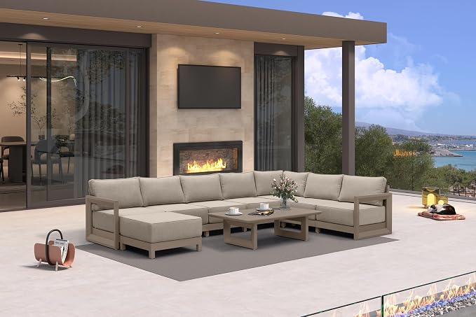 PURPLE LEAF Patio Furniture Set U-Shaped Outdoor Couch with 9.6" Thick Cushion and Soft Pillows 9 Piece Outdoor Sectional Sofas with Table Modern Outdoor Conversation Sets for Yard Porch Deck, Khaki