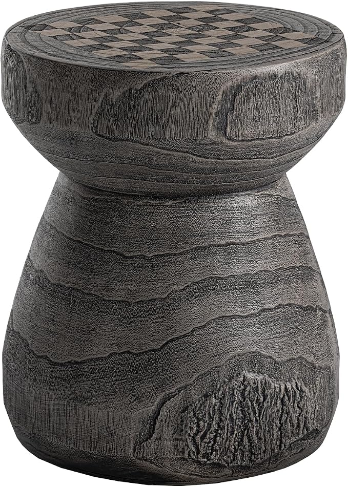 SUNBURY Outdoor Side Table, 14" Small Outdoor End Table, Patio Side Tables w Chessboard, Round Outdoors Concrete Side Tables, Garden Stool Plant Stand for Porch, Backyard, Grey